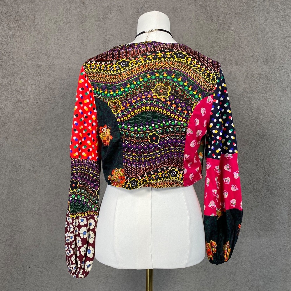 Vintage 70s Sundays‎ Child Patchwork Boho Cropped Tie Front Top Size 11 L Hippie - Picture 3 of 10